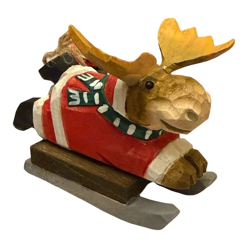 Crate and Barrel Wooden Moose Sledding Christmas Ornament